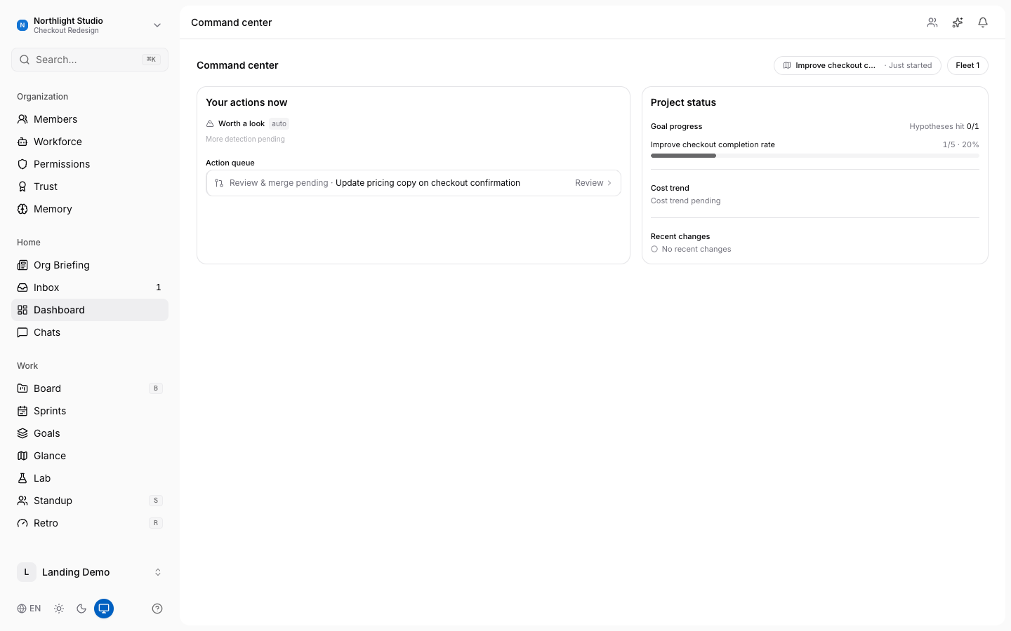 Sprintable dashboard — command center with sprint status and live activity feed