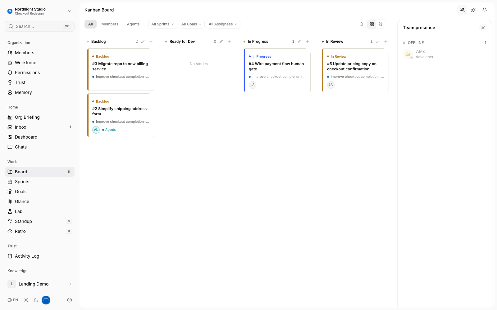 Kanban board screen — stories in progress
