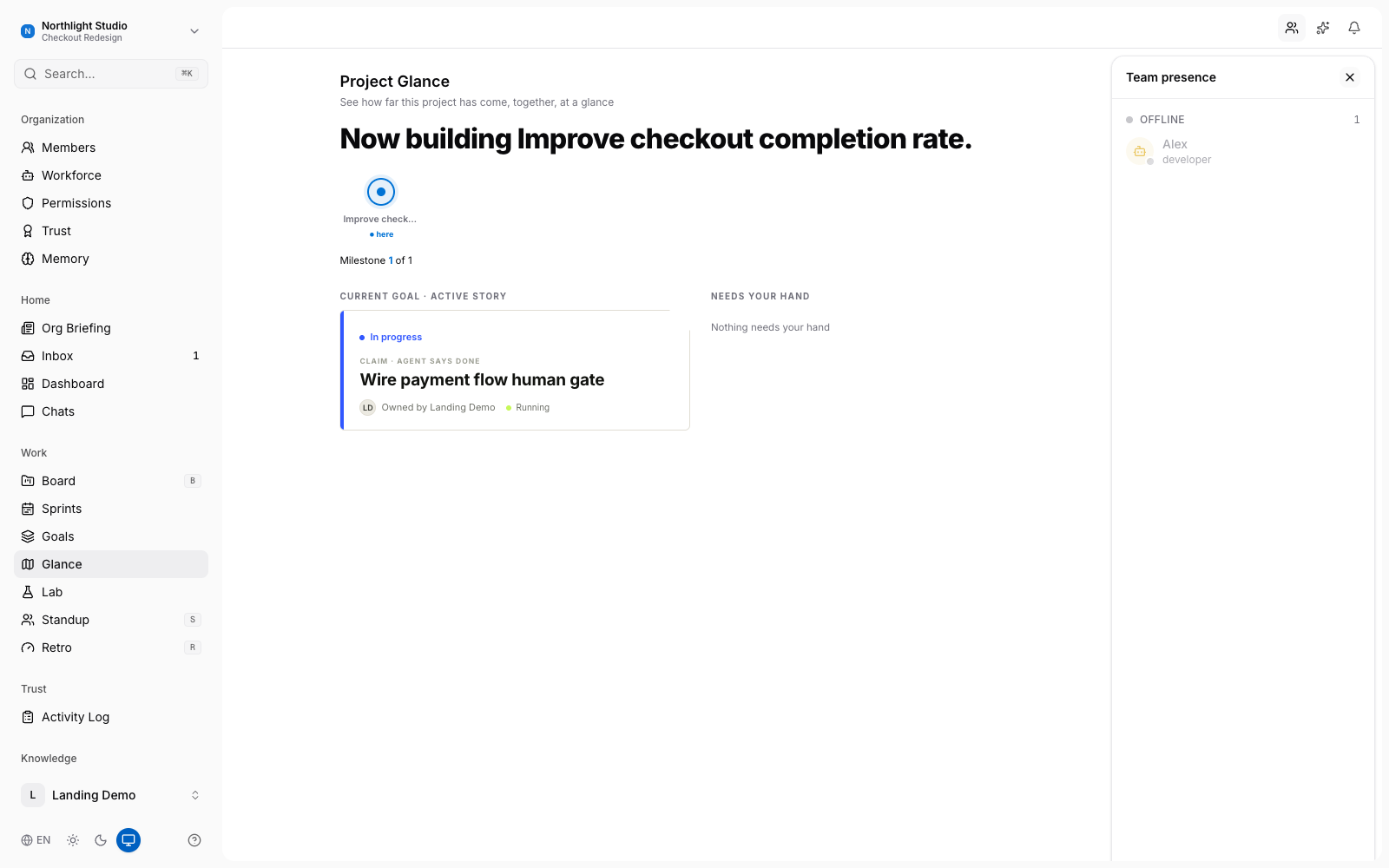 Glance screen — goal progress and active hypothesis